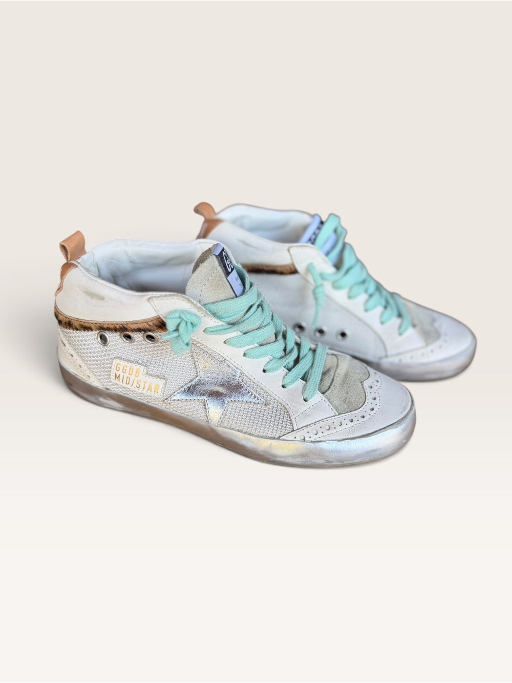 Golden Goose White Mid Star Sneakers with Mint Laces
